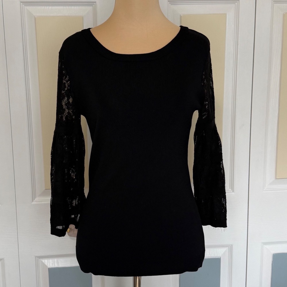 Boston Proper Black Ribbed Knit Top Lace Bell Sleeve Scoop Neck Small